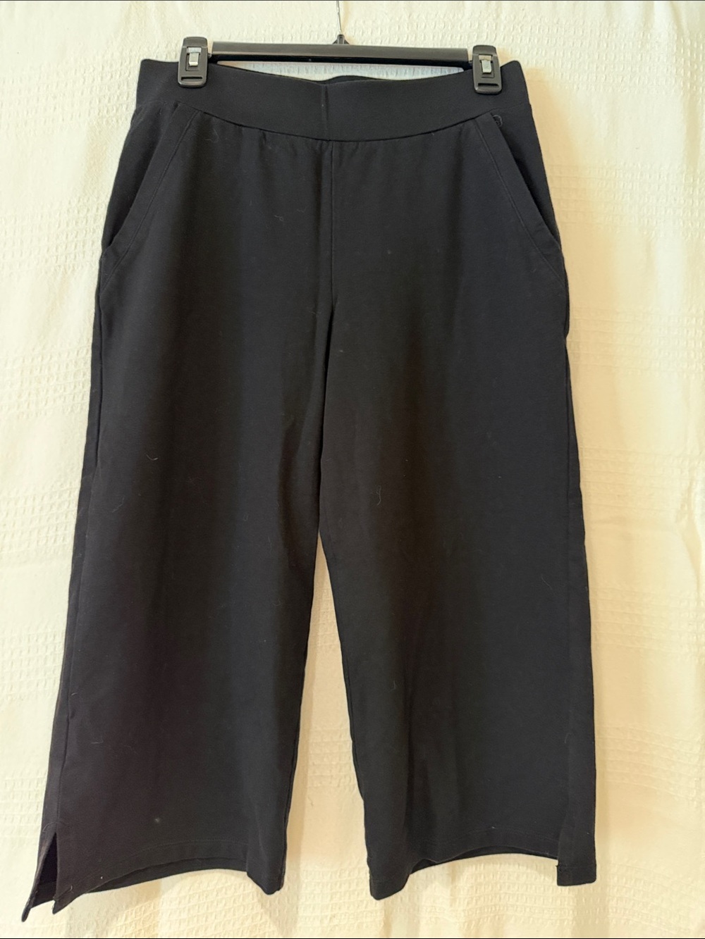 Black Wide-Leg Cropped Knit Pants with Side Slits